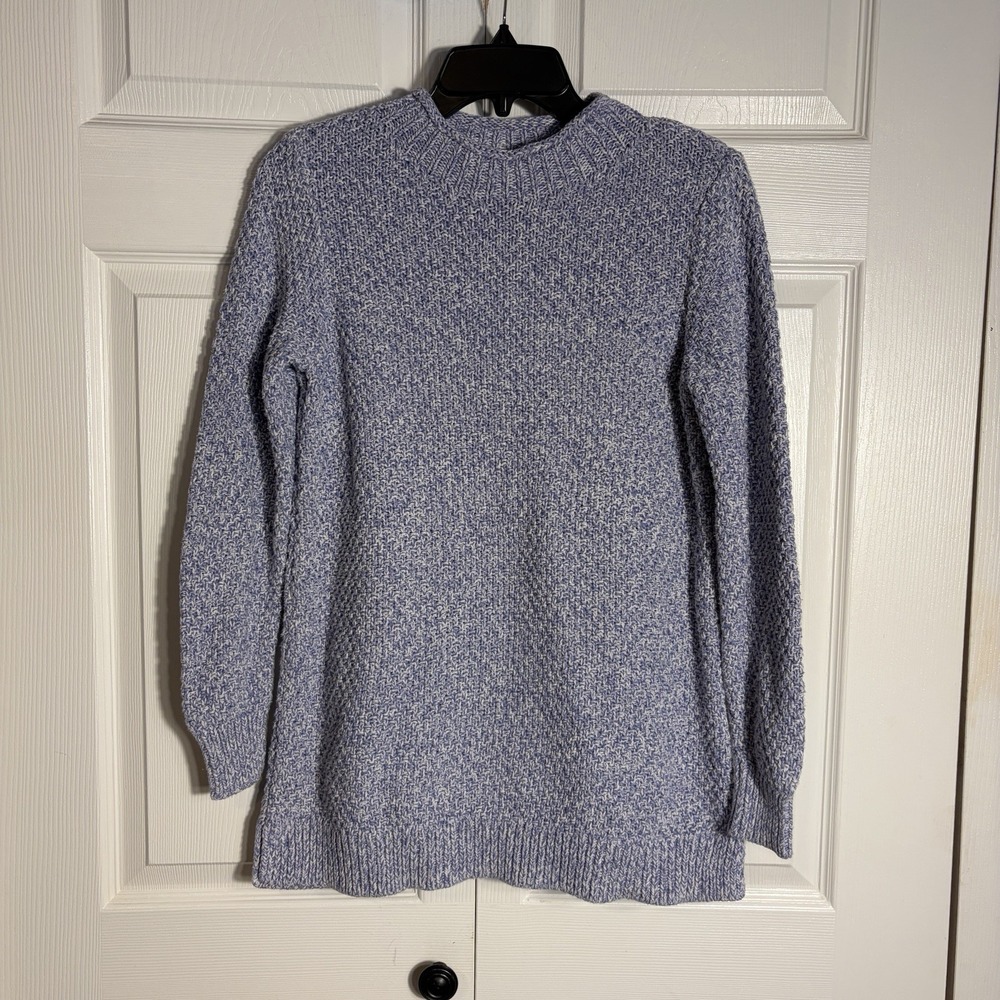 LOFT Chunky Knit Sweater Women S Blue White Marled Rolled Crew Neck Cotton Blend